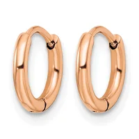 A pair of polished rose gold hoop earrings with a chunky, rounded rectangular profile, shown against a white background.