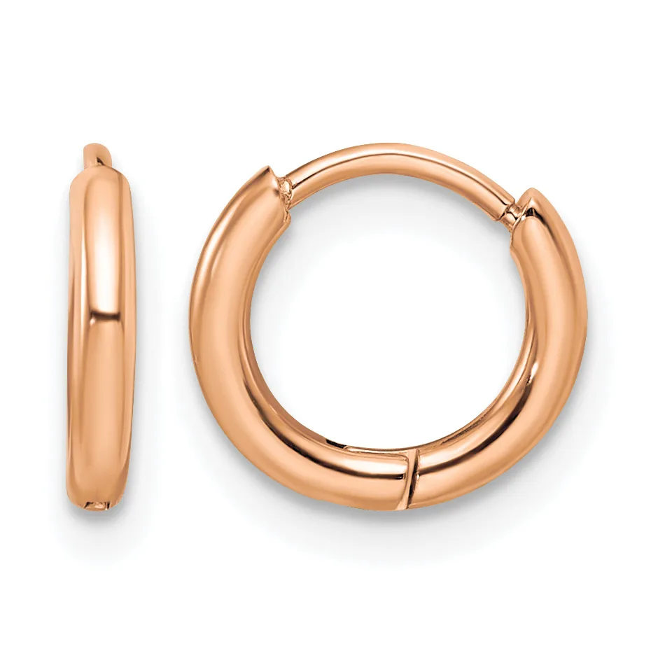 A pair of polished rose gold hoop earrings displayed from front and side views, showing their smooth curved tubular design with hinged closures.