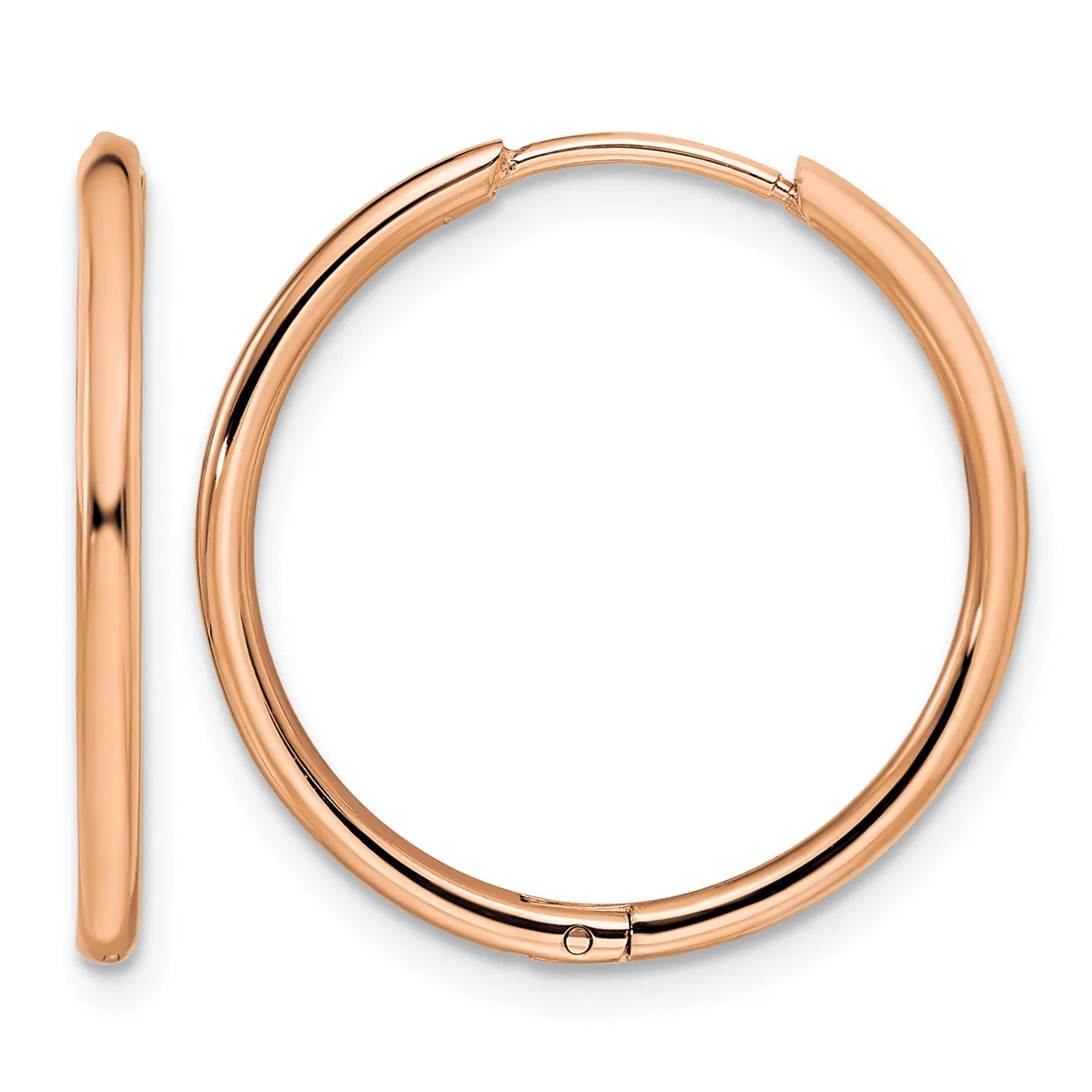 A pair of polished rose gold hoop earrings displayed with one shown front-on and one shown from the side, featuring a smooth tubular design with hinged closures.