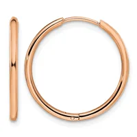 A pair of polished rose gold hoop earrings displayed with one shown front-on and one shown from the side, featuring a smooth tubular design with hinged closures.