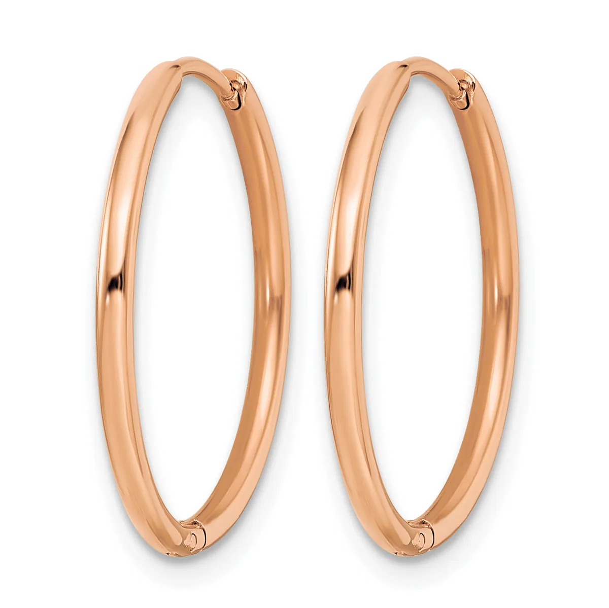 A pair of polished rose gold hoop earrings with a smooth, rounded rectangular profile and hinged closures, shown against a white background.