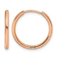 A pair of polished rose gold hoop earrings shown from the front and side, displaying their smooth cylindrical design and hinged closure.