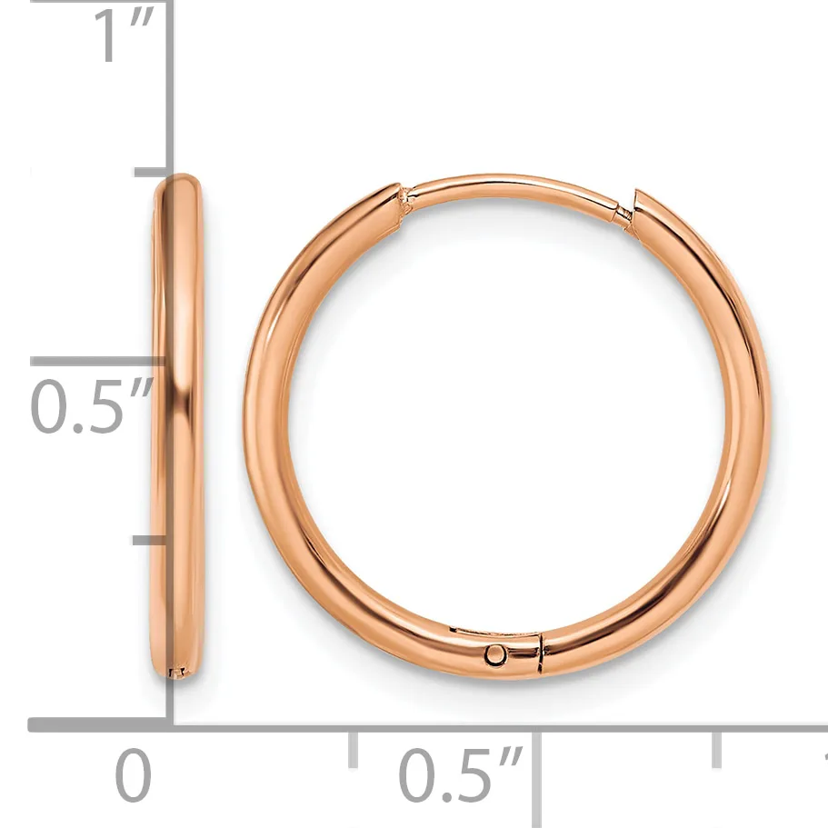 A pair of rose gold hoop earrings with a polished finish, shown from front and side view with measurement scale indicating approximately one inch in length and half inch in width.