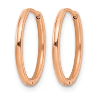 A pair of polished rose gold hoop earrings with a smooth, rounded tubular design and hinged closures, displayed against a white background.