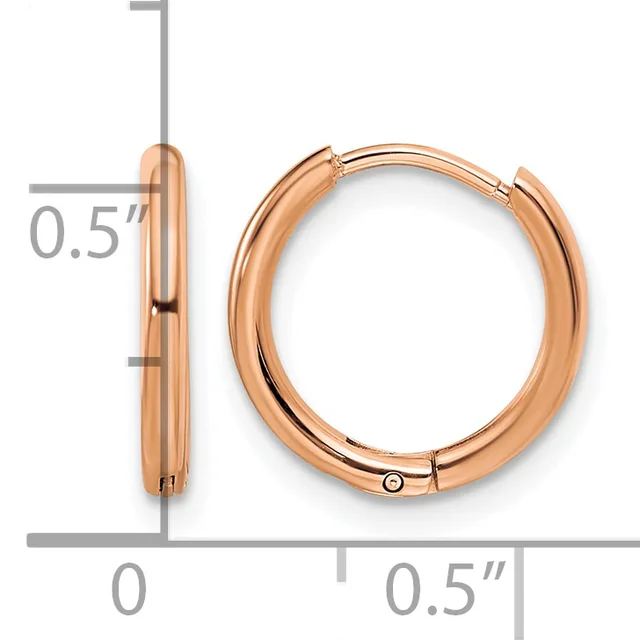 Rose gold hoop earrings with a polished finish, shown from front and side views with measurement indicators showing 0.5 inch diameter and thickness.