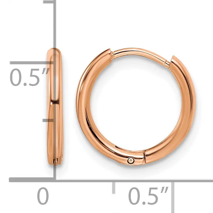 Rose gold hoop earrings with a polished finish, shown from front and side views with measurement indicators showing 0.5 inch diameter and thickness.