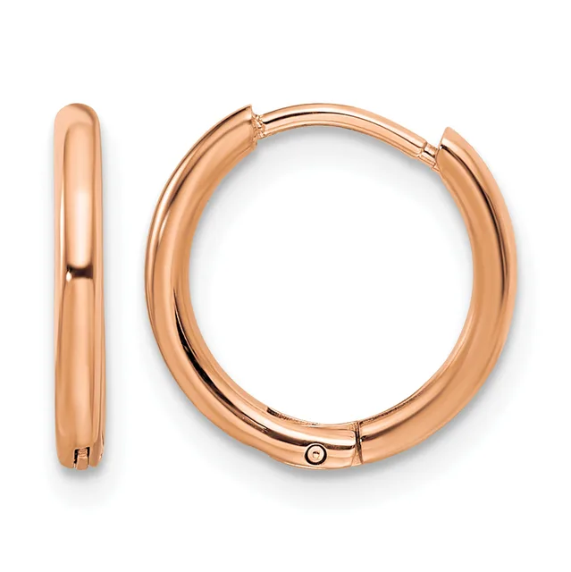 Pair of polished rose gold hoop earrings with hinged closures, shown from front and side views.