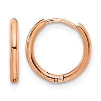 Pair of polished rose gold hoop earrings with hinged closures, shown from front and side views.