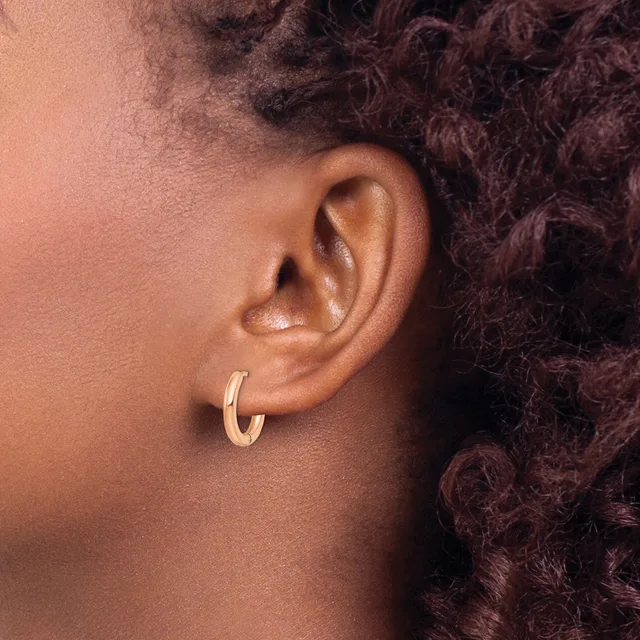 A person wearing a gold hoop earring in their earlobe, shown in profile with curly dark hair visible.