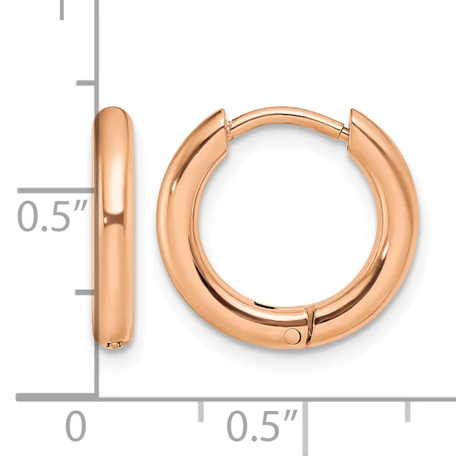 A pair of polished rose gold hoop earrings with a thick, rounded profile and hinged closure, displayed against a measurement scale showing 0.5 inch dimensions.