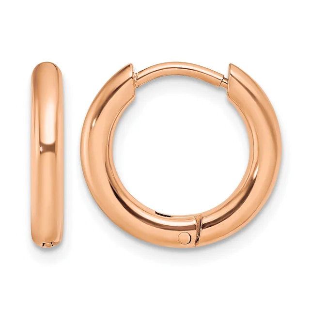 A pair of polished rose gold-colored hoop earrings displayed from front and side views, showing their smooth curved tubular design with hinged closures.