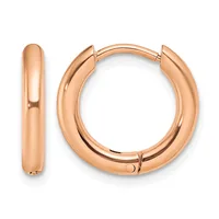A pair of polished rose gold-colored hoop earrings displayed from front and side views, showing their smooth curved tubular design with hinged closures.