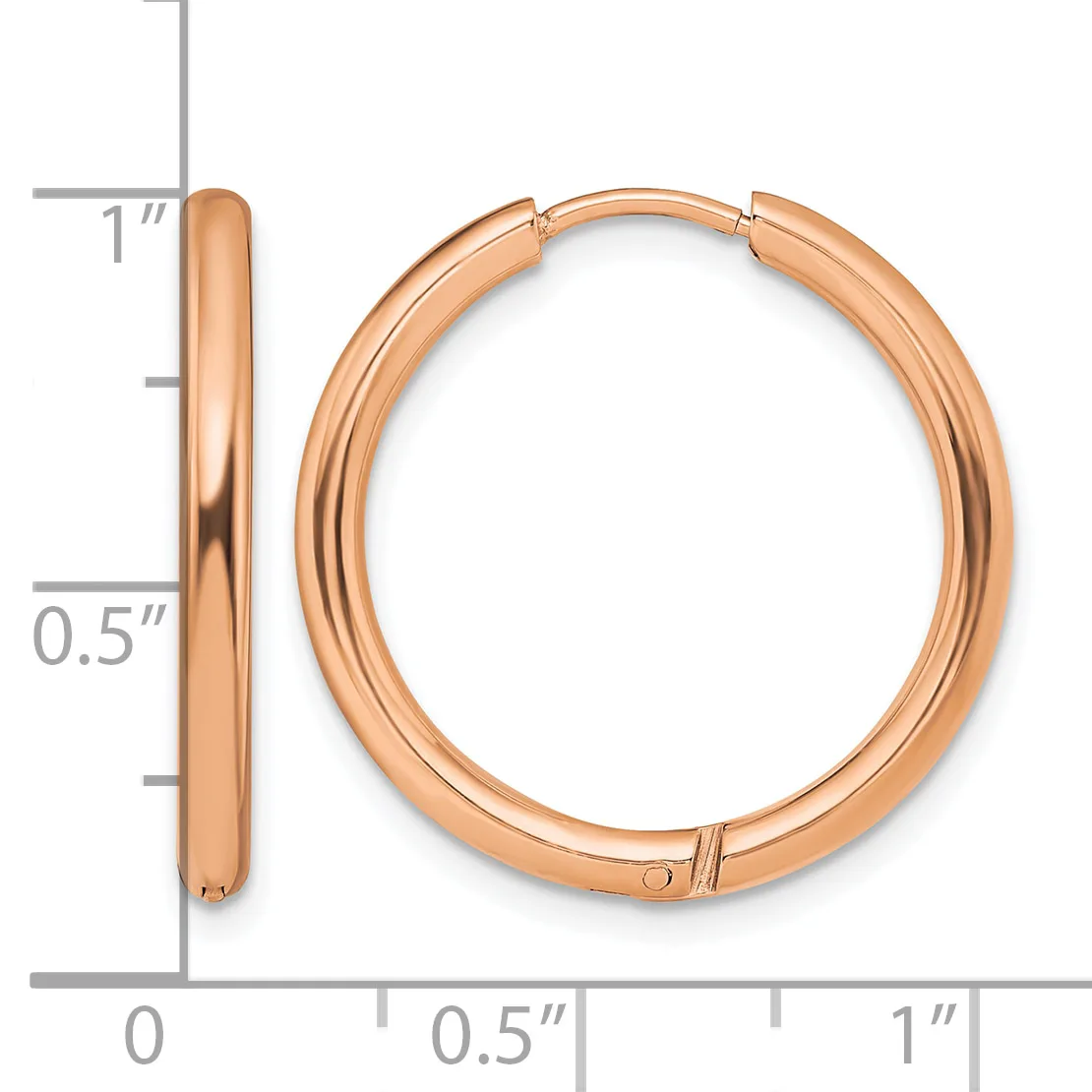 Rose gold polished hinged hoop earrings shown next to a ruler indicating approximately one inch in diameter and one-eighth inch in thickness.