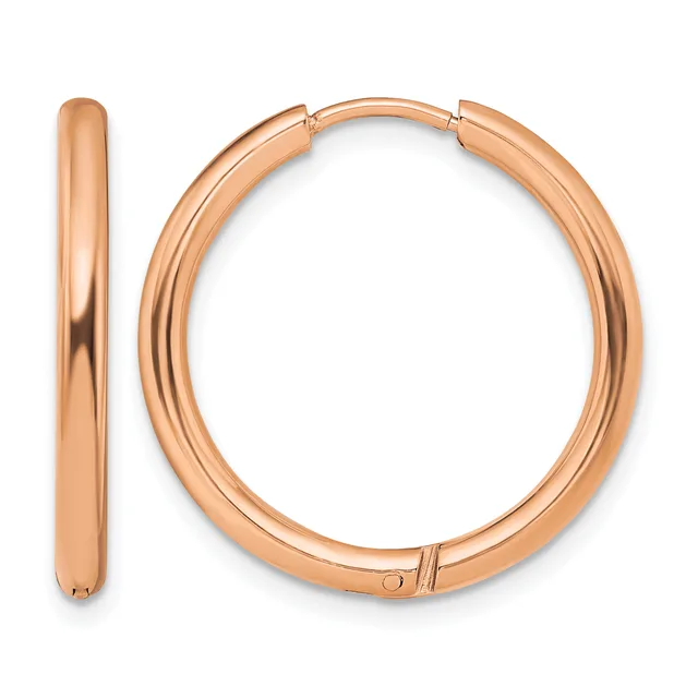 A pair of polished rose gold hoop earrings shown from the front and side view, displaying their rounded tubular shape and hinged closure.