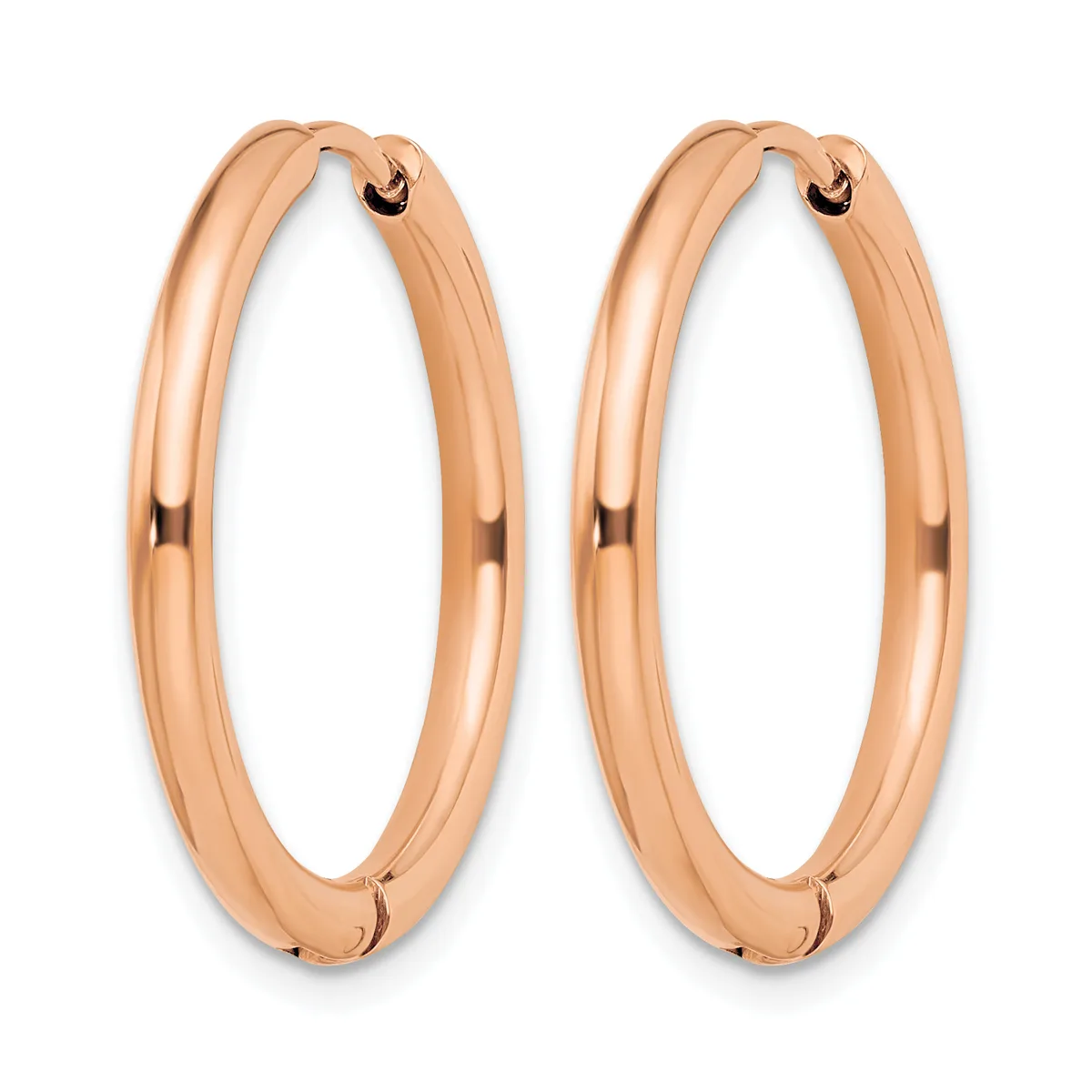 A pair of polished rose gold hoop earrings with a rounded, tubular profile and hinged closures, displayed against a white background.