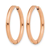 A pair of polished rose gold hoop earrings with a rounded, tubular profile and hinged closures, displayed against a white background.