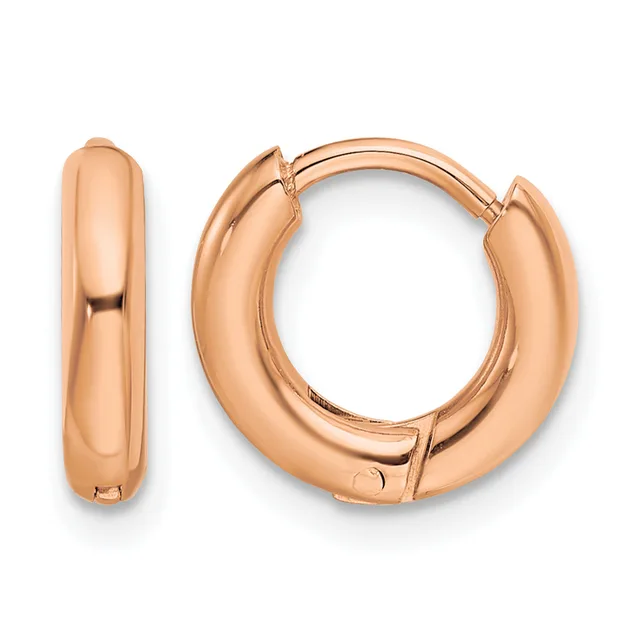 A pair of polished rose gold hoop earrings with a chunky, rounded profile and hinged clasp closures, shown from front and side views.