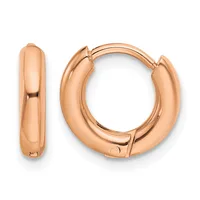 A pair of polished rose gold hoop earrings with a chunky, rounded profile and hinged clasp closures, shown from front and side views.
