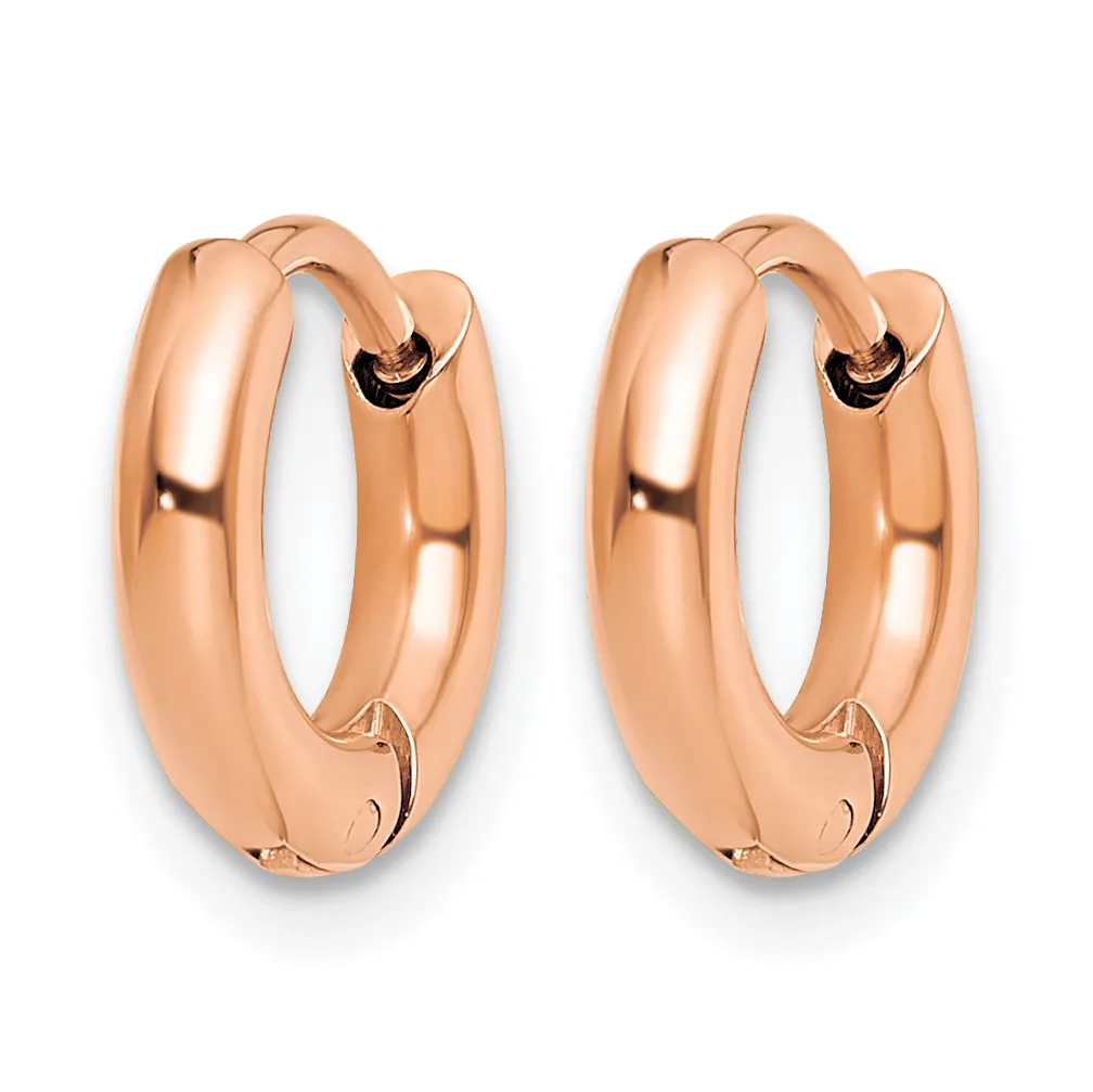 A pair of polished rose gold chunky hoop earrings with a smooth curved surface and hinged closures, shown from the front against a white background.