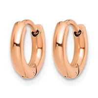 A pair of polished rose gold chunky hoop earrings with a smooth curved surface and hinged closures, shown from the front against a white background.