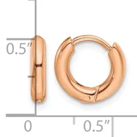 A pair of polished rose gold hoop earrings with a hinged clasp closure, shown from front and side views with measurements indicating 0.5 inch dimensions.
