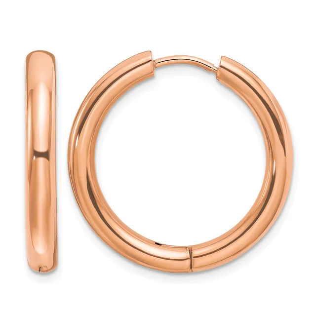 A pair of rose gold polished hoop earrings with hinged closures, shown from the front and side views.