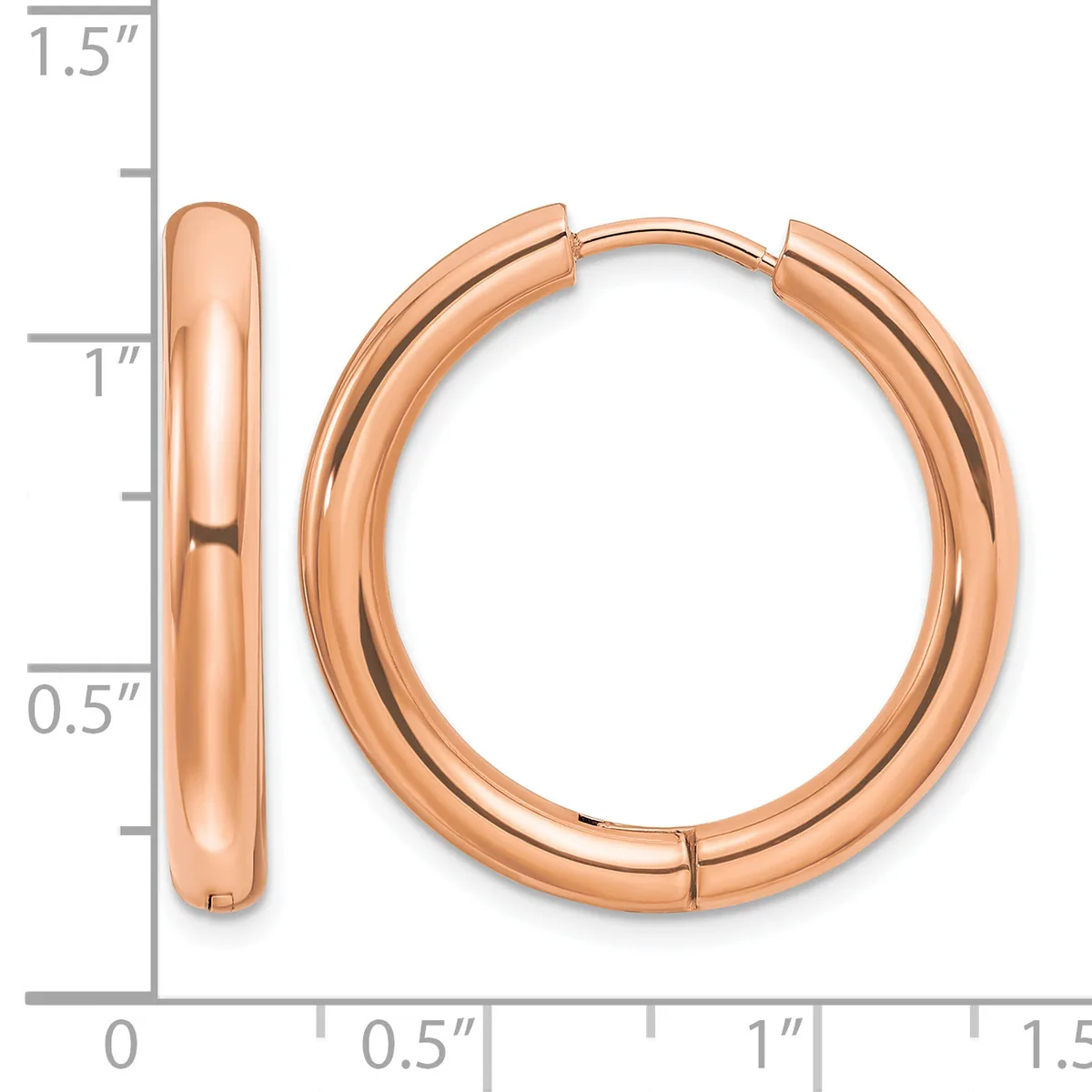 A pair of polished rose gold hoop earrings with a hinged clasp, shown next to a measurement scale indicating they are approximately one inch in diameter.