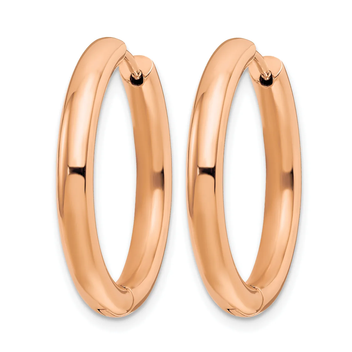 A pair of polished rose gold hoop earrings with a chunky, rounded profile and hinged closures.