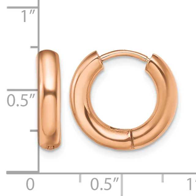 A pair of rose gold-plated chunky hoop earrings with a polished finish, shown front and side view with measurement scale indicating approximately one inch in height and half inch in width.