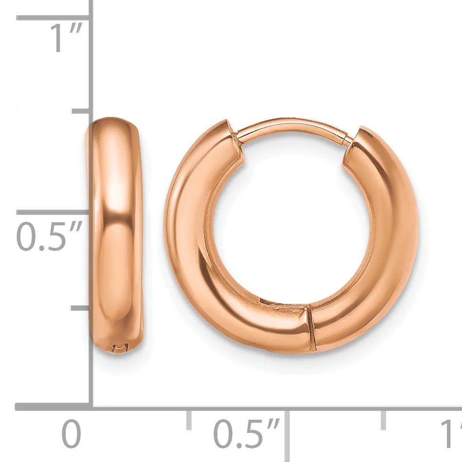 A pair of rose gold-plated chunky hoop earrings with a polished finish, shown front and side view with measurement scale indicating approximately one inch in height and half inch in width.
