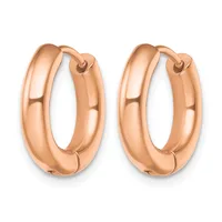 A pair of polished rose gold hoop earrings with a chunky, curved design and small hinged closures.