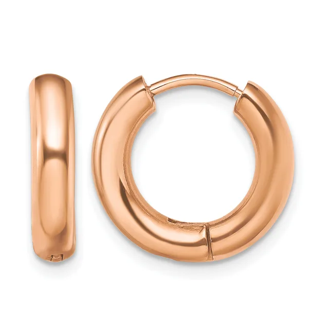 A pair of polished rose gold hoop earrings with a chunky rounded profile, shown from the front and side views.