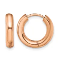 A pair of polished rose gold hoop earrings with a chunky rounded profile, shown from the front and side views.