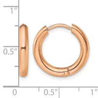 Pair of rose gold polished chunky hoop earrings with hinged closures, shown against a ruler indicating approximately one inch in diameter and half inch in width.