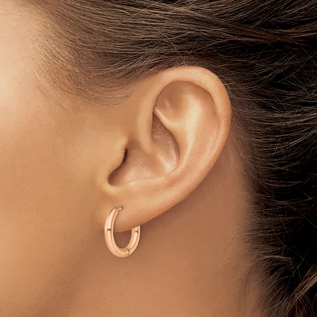 A person wearing small rose gold hoop earrings is shown from the side, displaying their ear and part of their dark hair and neck.