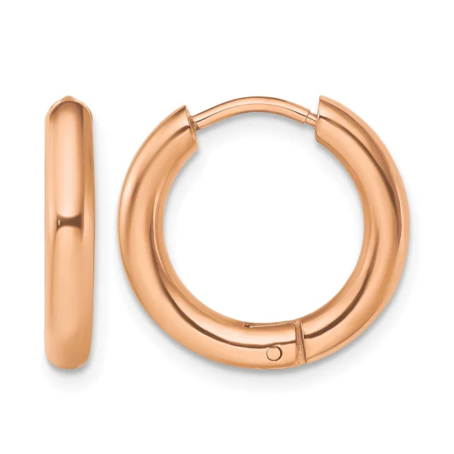 A pair of polished rose gold huggie hoop earrings shown from the front and side view, displaying their curved tubular shape and hinged closure.