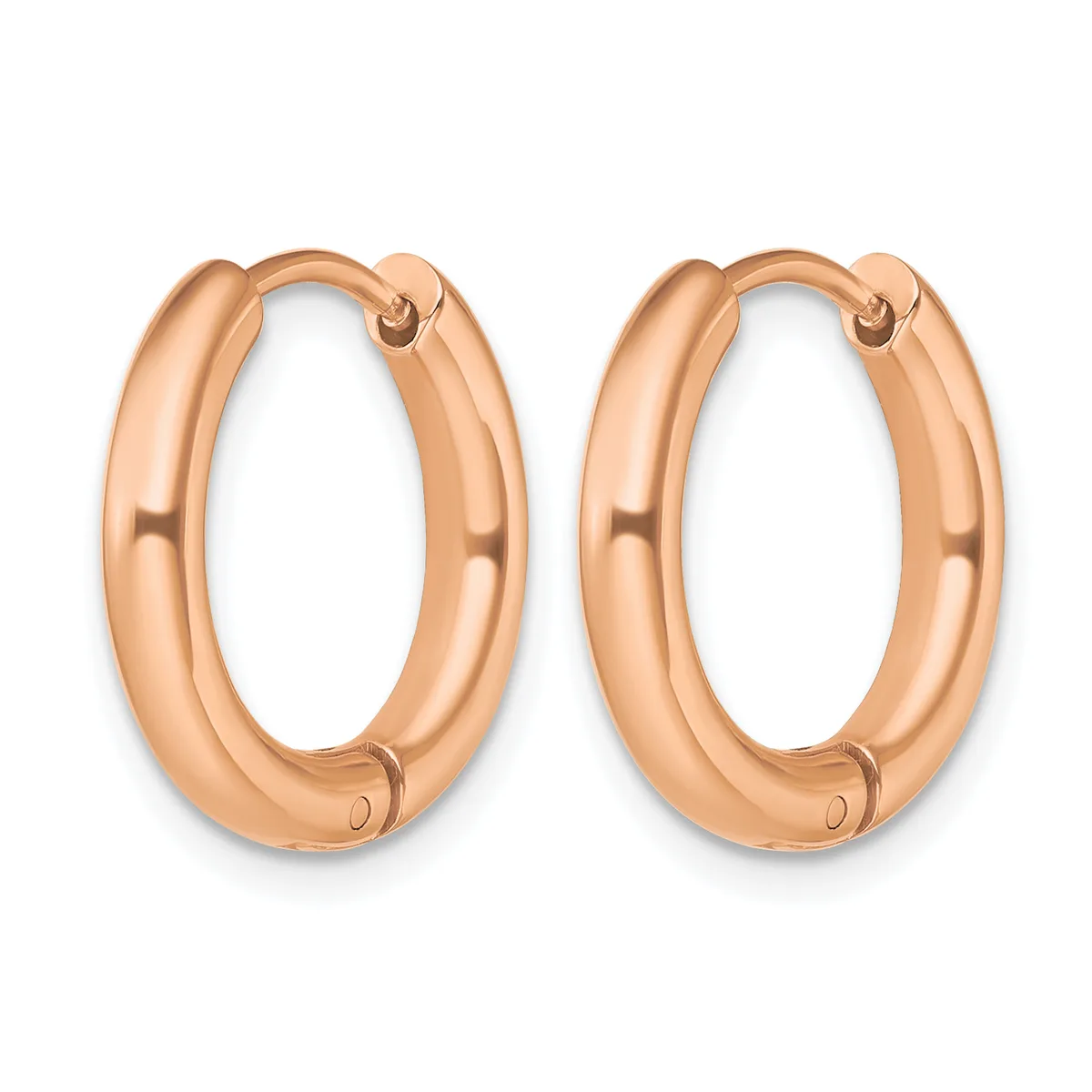 A pair of polished rose gold hoop earrings with a chunky, rounded profile and hinged closures, displayed against a white background.
