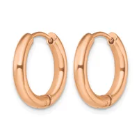 A pair of polished rose gold hoop earrings with a chunky, rounded profile and hinged closures, displayed against a white background.