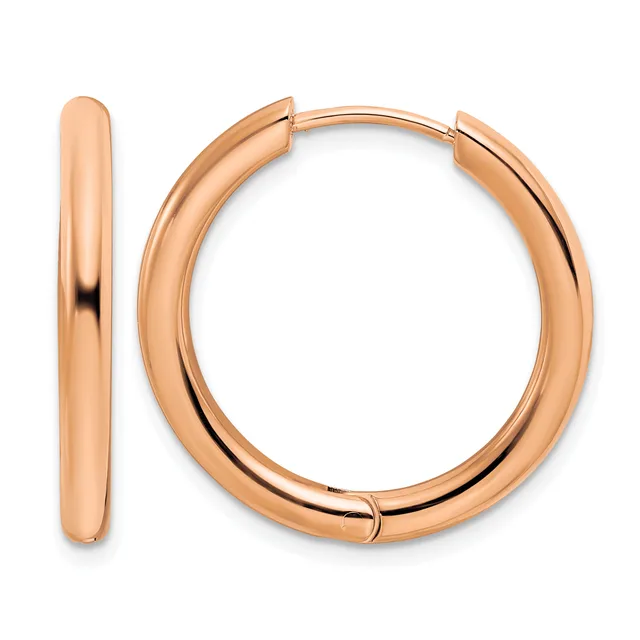 A pair of polished rose gold hoop earrings displayed against a white background, shown from the front and side view.