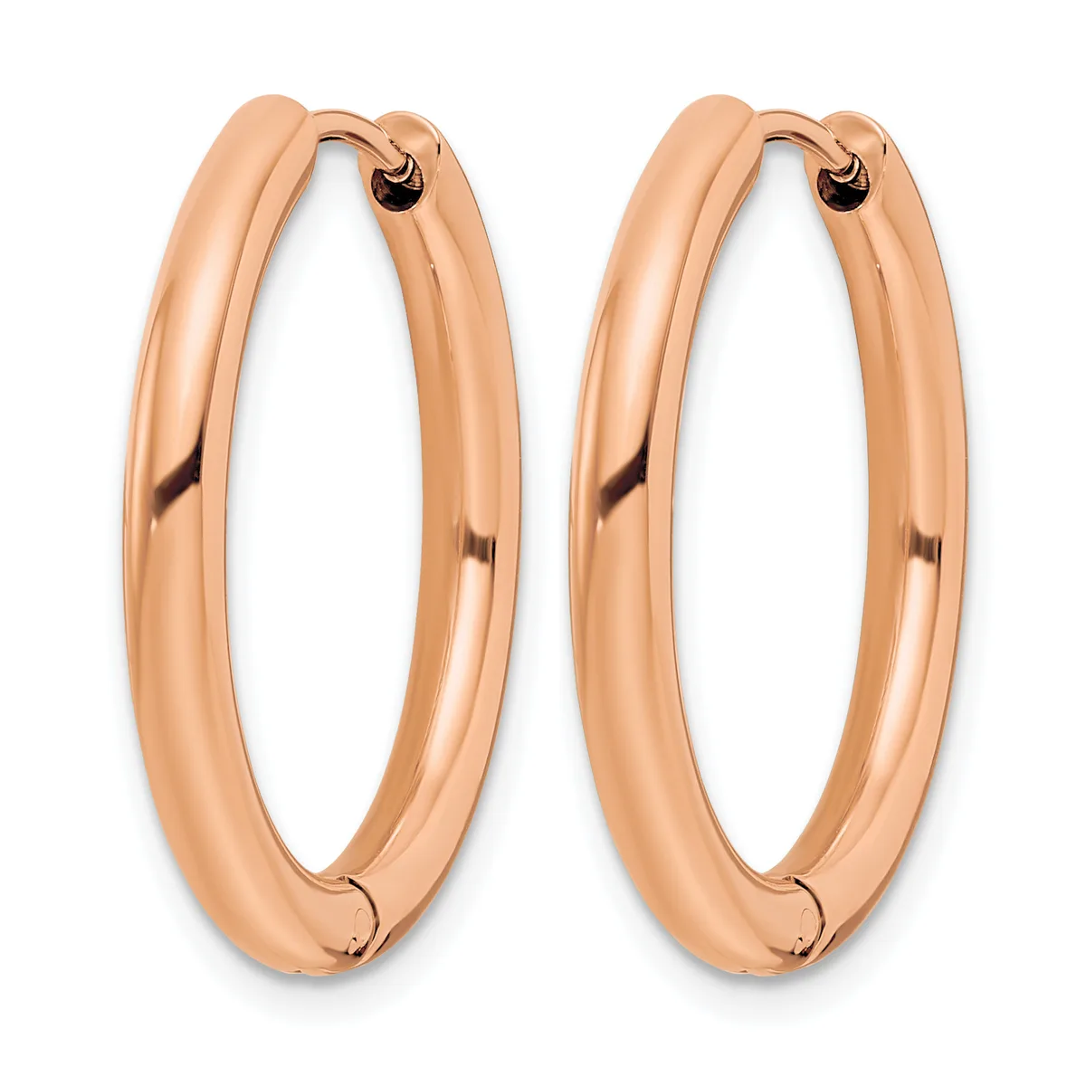 A pair of polished rose gold hoop earrings with a smooth, rounded rectangular profile and post closures.