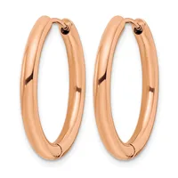 A pair of polished rose gold hoop earrings with a smooth, rounded rectangular profile and post closures.