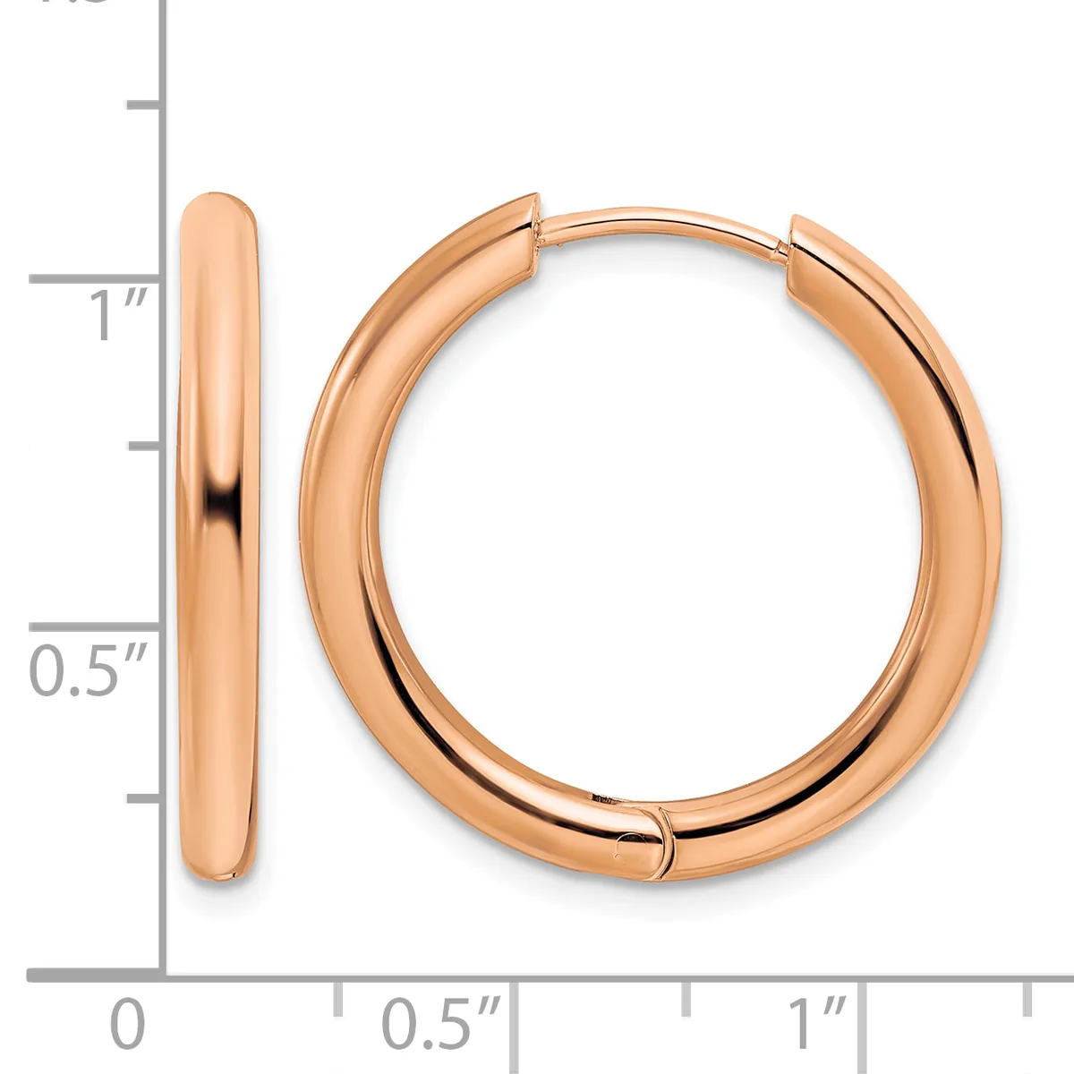 A pair of polished rose gold hoop earrings with a thick, rounded profile, shown next to a measurement scale indicating approximately one inch in diameter.