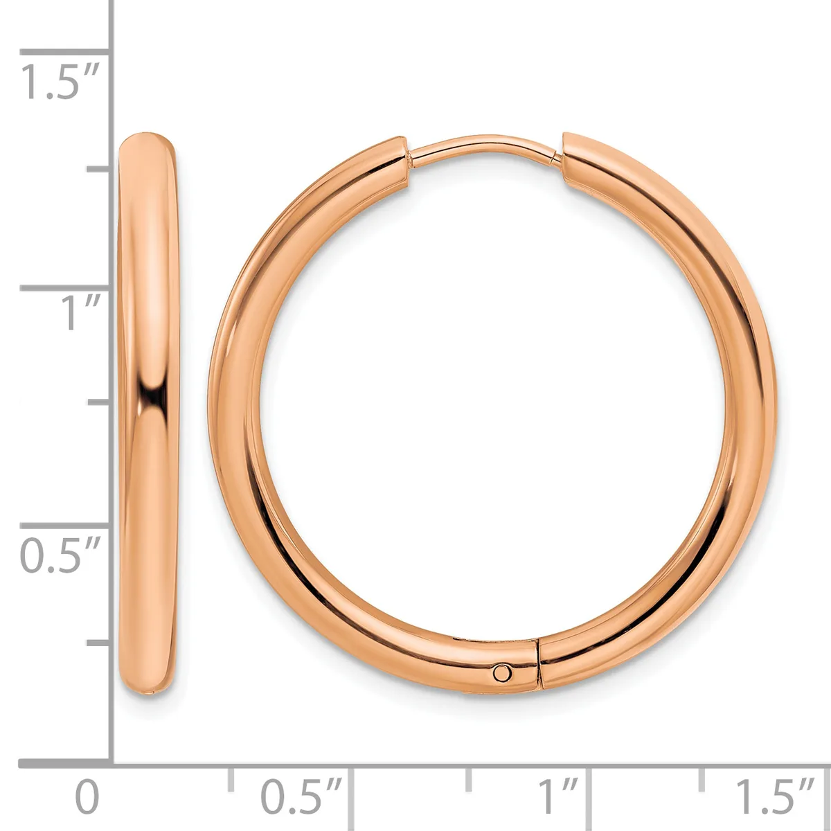 A pair of rose gold hoop earrings with a polished finish, shown next to a measurement scale indicating they are approximately one inch in diameter.