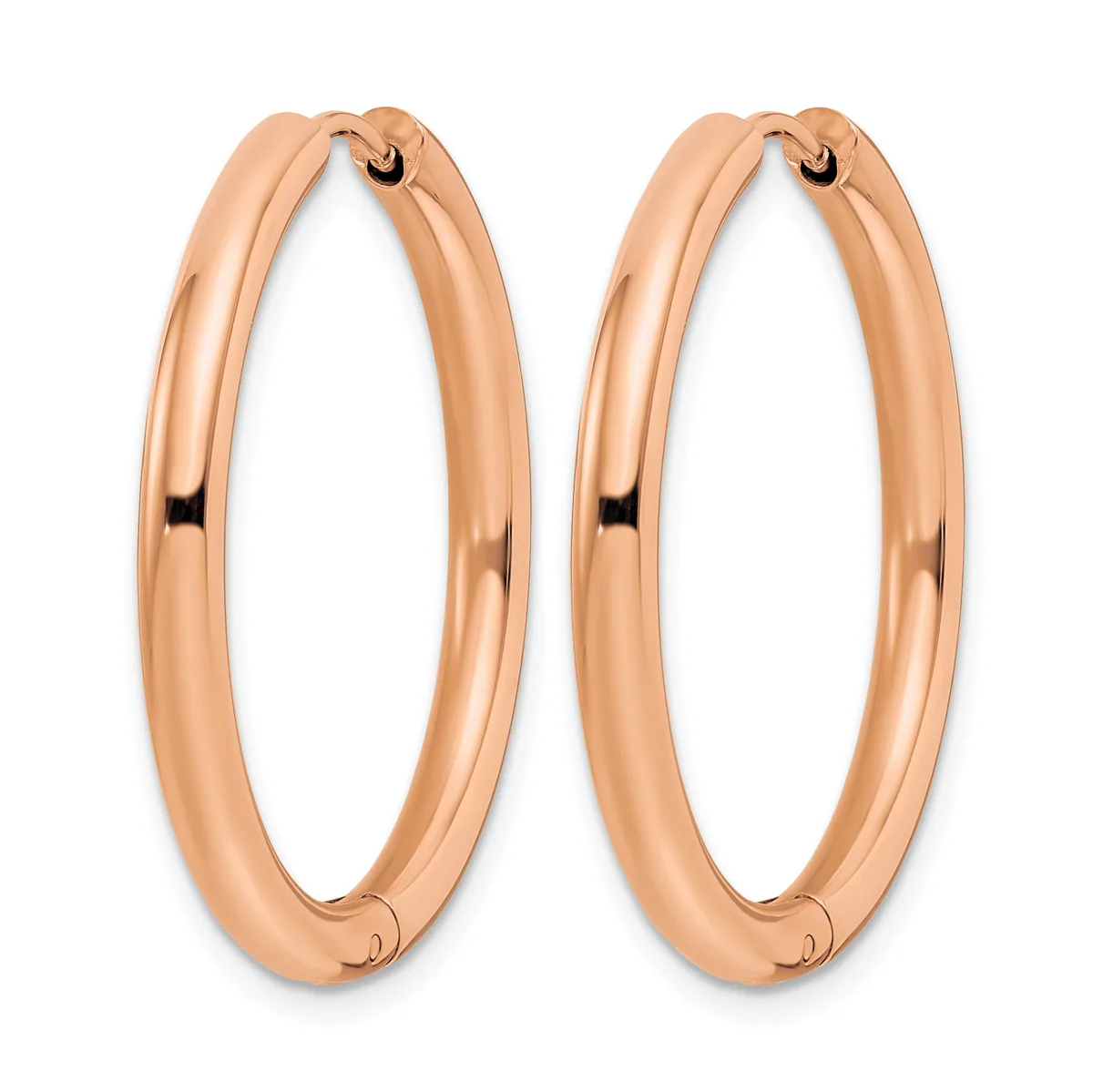 A pair of polished rose gold hoop earrings with a smooth, rounded profile and hinged closures.