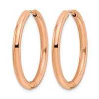 A pair of polished rose gold hoop earrings with a smooth, rounded profile and hinged closures.