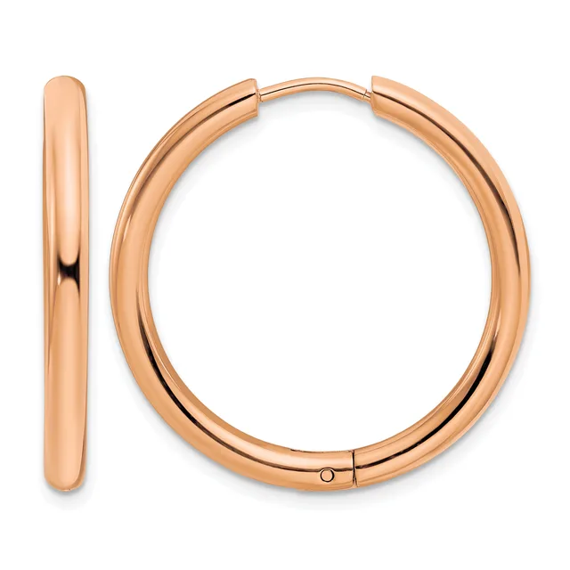 A pair of polished rose gold hoop earrings shown from the front and side view, displaying their smooth rounded profile and hinged closure.