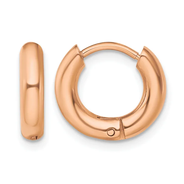 A pair of polished rose gold hoop earrings with a chunky, rounded profile, shown from front and side views.