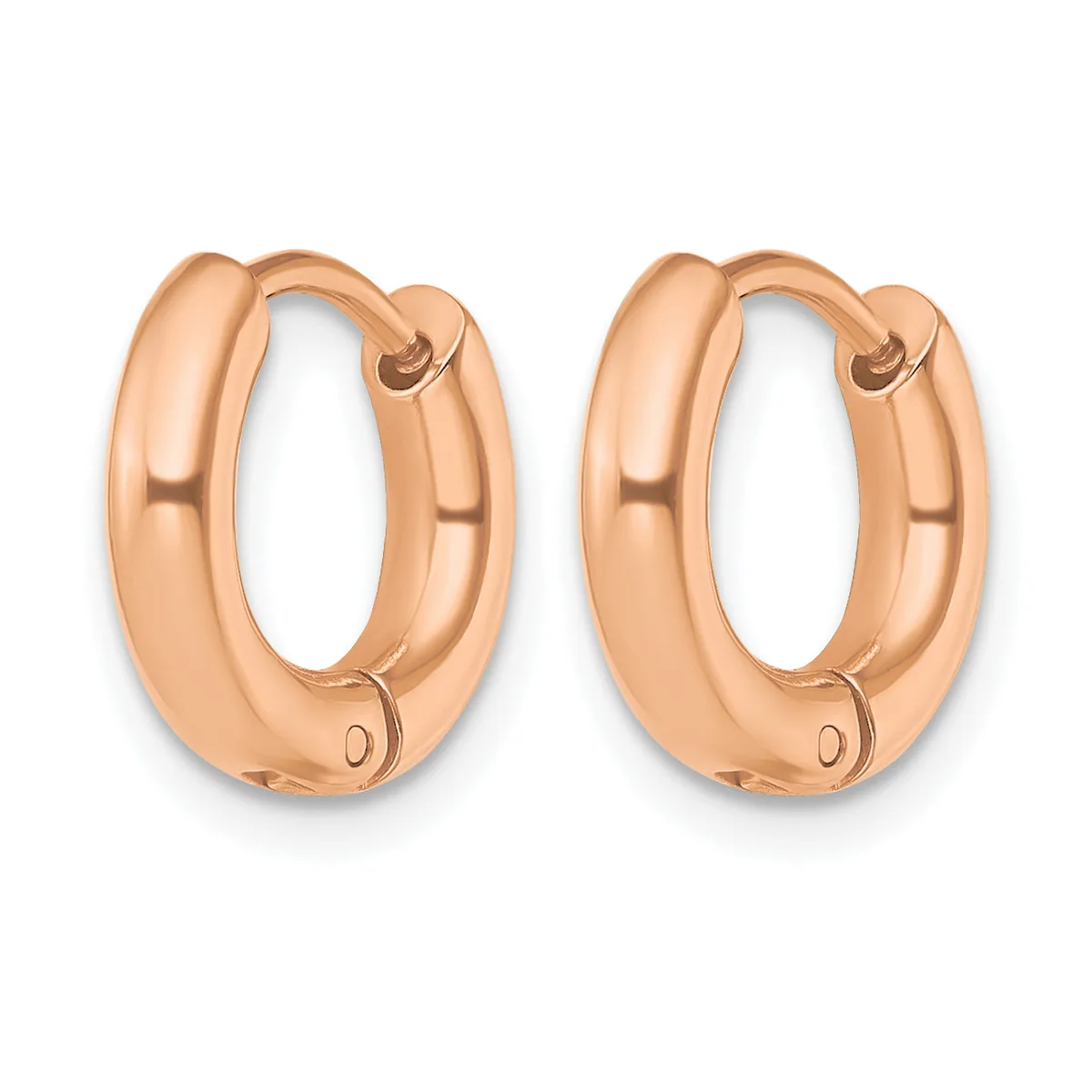 A pair of polished rose gold chunky hoop earrings with hinged closures, shown from the front against a white background.