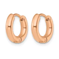 A pair of polished rose gold chunky hoop earrings with hinged closures, shown from the front against a white background.