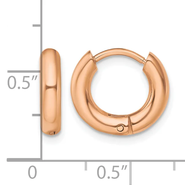 A pair of polished rose gold hoop earrings with a half-inch diameter, shown from front and side views with a measurement scale.